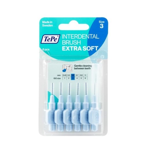 6 Stücke TePe Interdental Brush Extra Soft 0,6 mm Licht Blauw Size 3