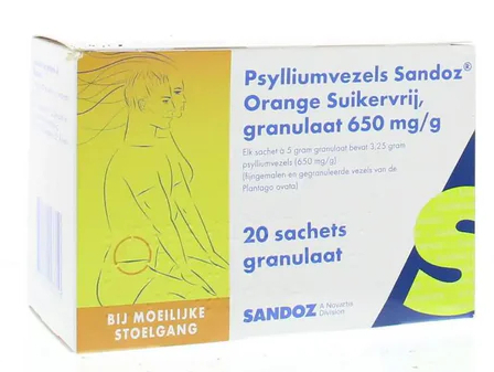 20 sachets Sandoz Psylliumvezels Orange Suikervrij 650 mg/g Granulaat