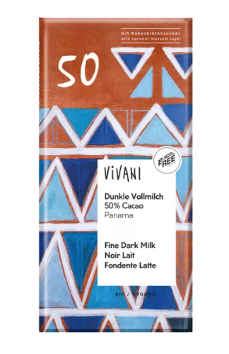 Vivani Chocolade Melk Donker 50% Panama met Kokosbloesemsuiker Biologisch 80 Gramm