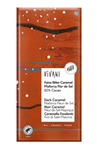 80 gram Vivani Chocolade Puur 62% Caramel Zeezout