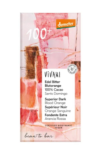 90 gram Vivani Superieur Puur Bloed Sinaasappel 100% Cocoa Biologisch
