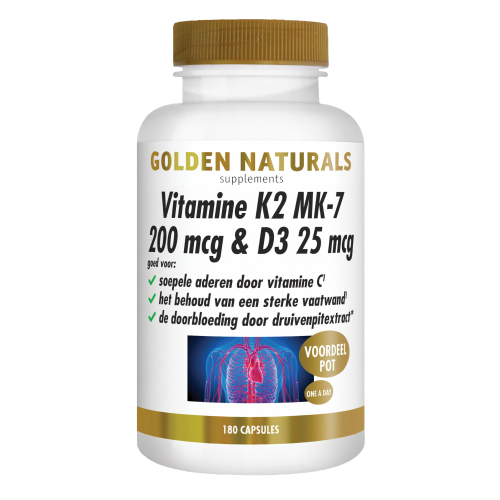 180 capsules Golden Naturals Vitamine K2 MK-7 200 mg & D3 25 mg Voordeelpot