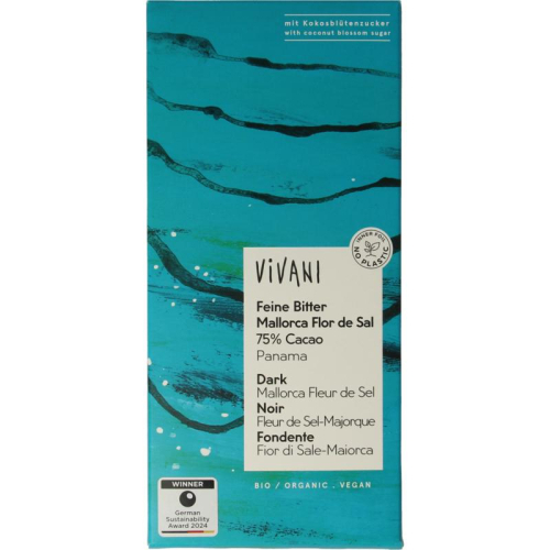 80 gram Vivani Chocolade Puur 75% Zeezout Panama met Kokosbloesemsuiker Biologisch