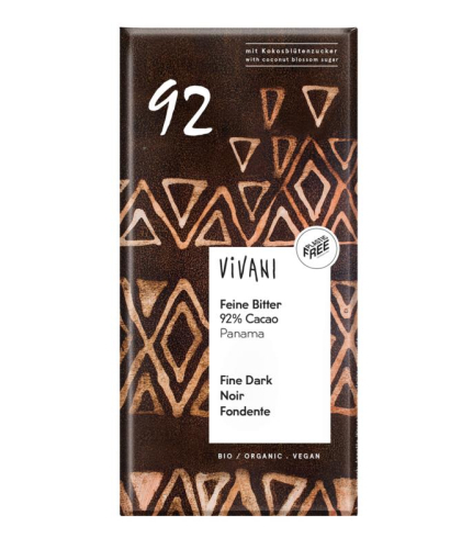 80 gram Vivani Chocolade Puur 92% Panama met Kokosbloesemsuiker Biologisch