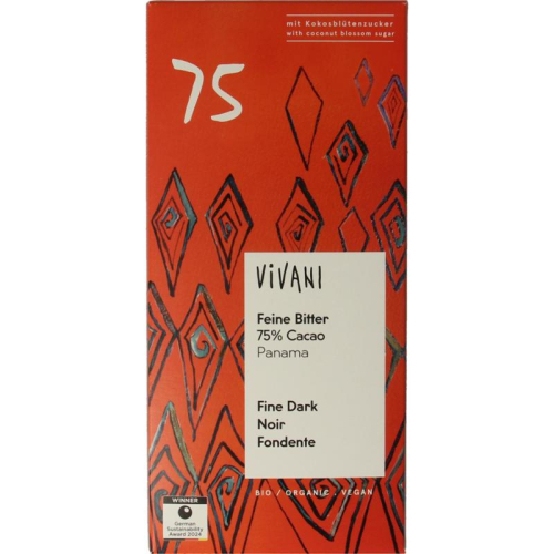 80 gram Vivani Chocolade Puur 75% Panama met Kokosbloesemsuiker Biologisch