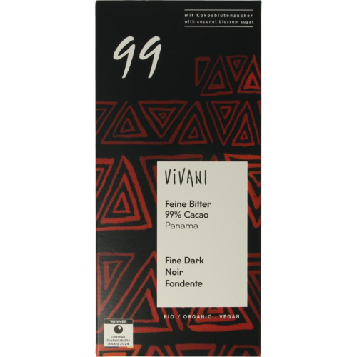 80 gram Vivani Chocolade Puur 99% Panama met Kokosbloesemsuiker Biologisch