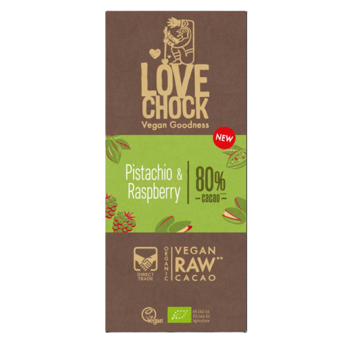 70gr Lovechock Pistachio & Raspberry 80% Cacao Biologisch