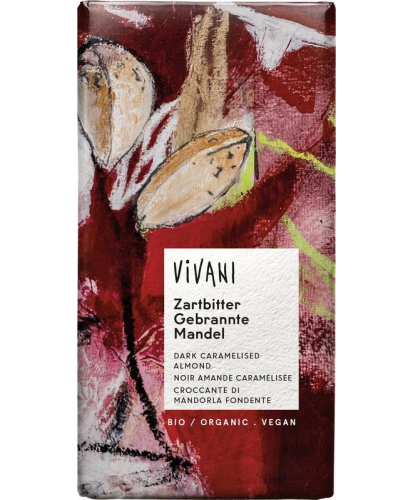 80 gram Vivani Chocoladereep Puur met Gekaramelliseerde Amandelen Biologisch