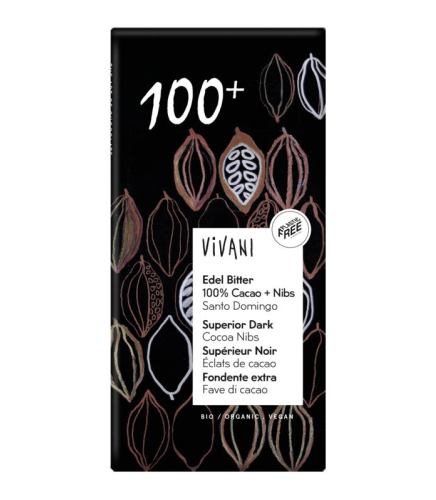 80 gram Vivani Superieur Chocolade Puur Edel Bitter 100% Cacao + Nibs Biologisch