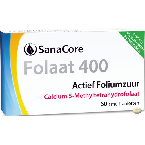 60 smelttabletjes SanaCore Folaat 400 Actief Foliumzuur Calcium 5-Methyltetrahydrofolaat