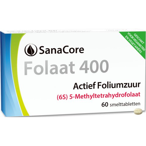 60 smelttabletjes SanaCore Folaat 400 Actief Foliumzuur (6S) 5-Methyltetrahydrofolaat