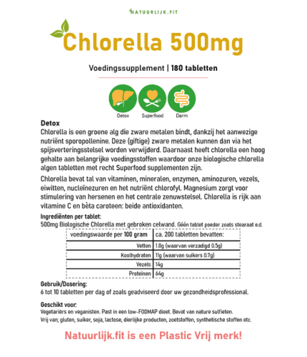 Natuurlijk.Fit Chlorella 500 mg Biologisch 180 Tabletten