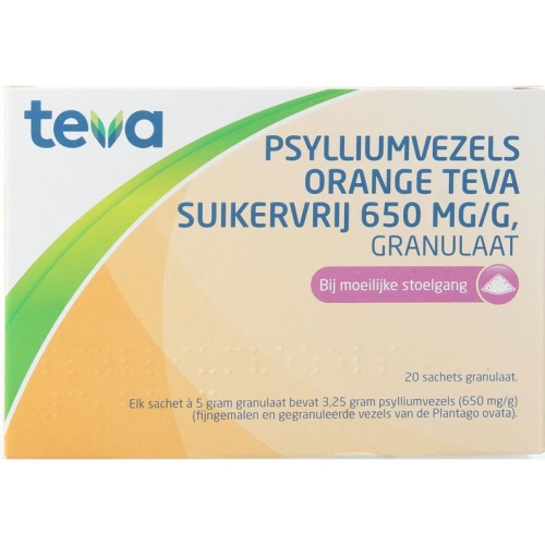Teva Psylliumvezels Orange Suikervrij 650 mg-g Granulaat 20 Sachets