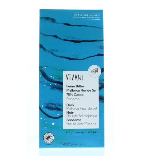  Vivani Chocoladereep Dark Mallorca Flor de Sal 75% met Kokosbloesemsuiker Biologisch